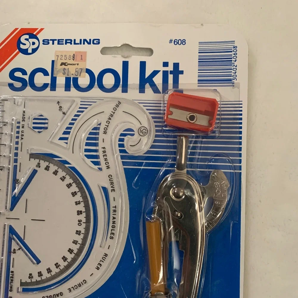 Sterling School‎ Kit 7 in 1 Protractor Metal Compass Sharpener New Vintage NOS